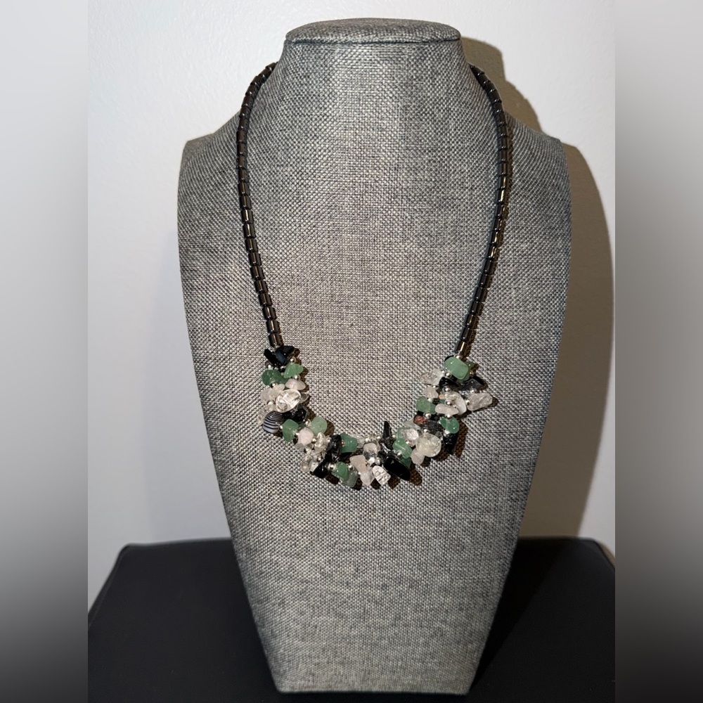 Elegant Hematite Necklace with Green Bead Accents